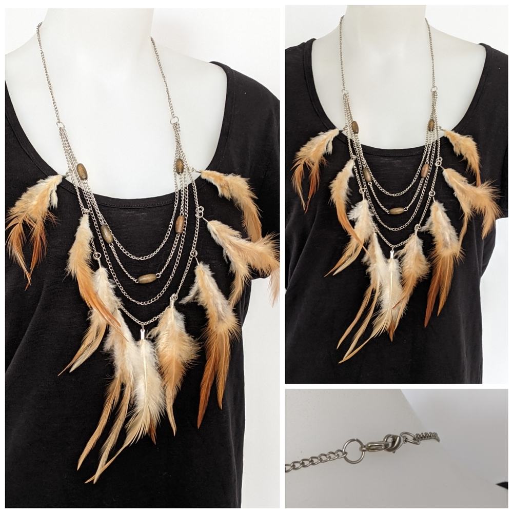 Long Metallic Silver Chains Necklace W/ Feathers